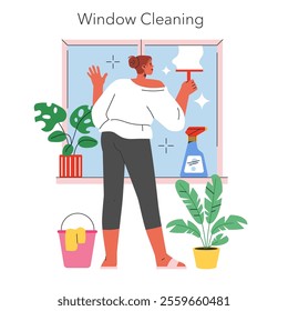 Window Cleaning concept. A person cleans a large window, adding sparkle to the glass with a squeegee and spray bottle. Home chore routine, indoor plants. Vector illustration.