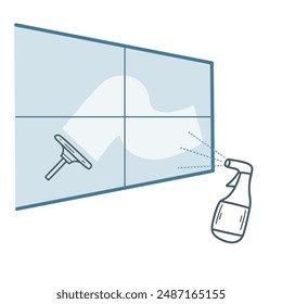 Concepto de limpieza de ventanas, gráficos de Vector. Limpieza de ventanas con spray y acaparador doodle boceto ilustración de estilo. Tareas domésticas, servicio de limpieza