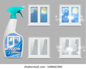 Window Cleaning Detergent, Vector 3d Realistic Illustration. Clean Windows And Handy Plastic Trigger Spray Bottle Mockup. Window Cleaner Product For Poster, Banner Etc.