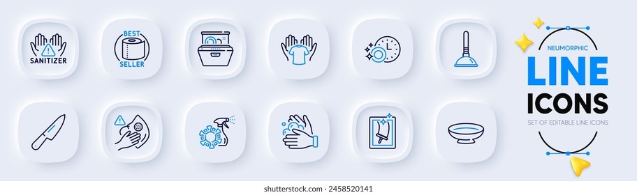 Window cleaning, Dish and Dishwasher timer line icons for web app. Pack of Plunger, Toilet paper, Hold t-shirt pictogram icons. Dishwasher, Knife, Clean hands signs. Dirty mask. Vector