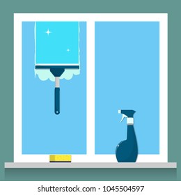 Window Cleaning. Glass Scraper Glides Over The Glass, Making It Clean. Spray Glass Cleaner And A Sponge. Window Cleaning Service Concept. Vector Illustration In Flat Style