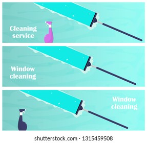 Window cleaning horizontal banners. Glass scraper glides over the glass, making it clean. Window cleaning service concept. Vector illustration in flat style