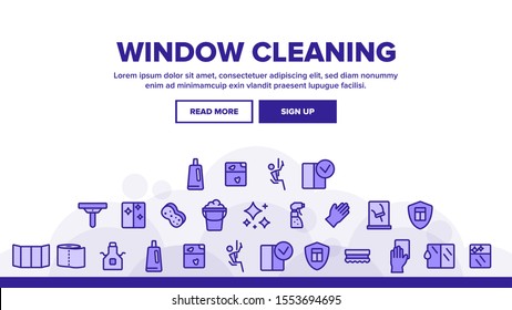 Window Cleaning Landing Web Page Header Banner Template Vector. Wiper Blade And Sponge, Handgear And Washing Agent Spray Cleaning Illustration