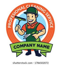 Window Cleaning  mascot character with squeegee spray vector illustration in retro style, good for Cleaning service Business company logo,and tshirt, patch, sticker design