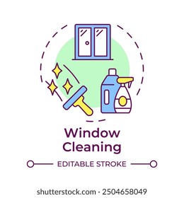 Window cleaning multi color concept icon. Detergent bottles, squeegee. Cleanup equipment. Round shape line illustration. Abstract idea. Graphic design. Easy to use in infographic, presentation