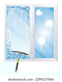 Window cleaning service concept with glass scraper and spray vector illustration