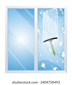 Concepto de servicio de limpieza de ventanas con rascador de vidrio e ilustración vectorial de spray