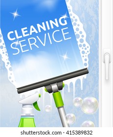 Window Cleaning Service Concept With Glass Scraper And Spray Vector Illustration