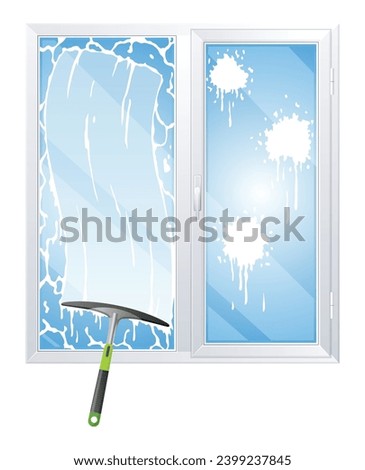 Window cleaning service concept with glass scraper and spray vector illustration