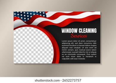 serviço de limpeza de janelas horizontal banner template design com espaço para foto e américa bandeira flutter elemento isolado no fundo preto.
