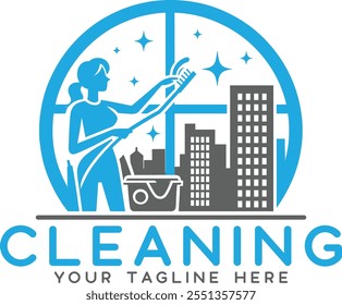 Window Cleaning Service Logo Design, Window Cleaning Logo with Maid Icon, Elegant Female Cleaner Icon for Window Cleaning, Vector Logo for Professional Window and House Cleaning Services