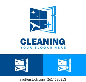 Window cleaning service logo with squeegee, sparkle effect, and modern layout. Ideal for, cleaning business branding, and commercial maintenance services