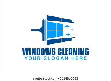 Window cleaning service logo with squeegee, sparkle effect, and modern layout. Ideal for, cleaning business branding, and commercial maintenance services