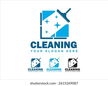Window cleaning service logo with squeegee, sparkle effect, and modern layout. Ideal for, cleaning business branding, and commercial maintenance services