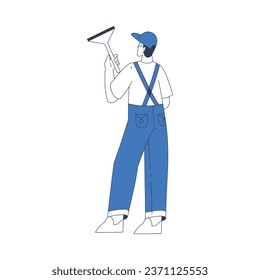 Window Cleaning Service with Professional Man Worker Character Scrub with Squeegee Vector Illustration