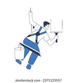 Window Cleaning Service with Professional Man Worker Character Scrub with Squeegee Rope Hanging Vector Illustration
