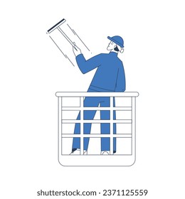 Window Cleaning Service with Professional Man Worker Character Scrub with Squeegee Vector Illustration