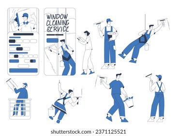 Window Cleaning Service with Professional Worker Characters Vector Set