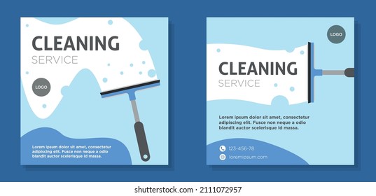 Window cleaning service social media post banner set, squeegee washing business advertisement concept, blue flat style corporate promotional abstract square ad, flyer leaflet concept, isolated.