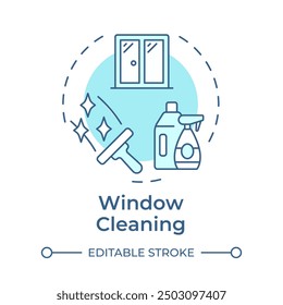 Window cleaning soft blue concept icon. Detergent bottles, squeegee. Cleanup equipment. Round shape line illustration. Abstract idea. Graphic design. Easy to use in infographic, presentation