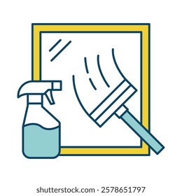 Window Cleaning – Spray Bottle and Cloth for Streak-Free Glass Cleaning, Ensuring Your Windows Are Clear, Shiny, and Sparkling Clean for a Fresh Look. Vector illustration.