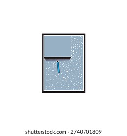 Window cleaning squeegee removing water drops on glass, flat vector illustration of home maintenance and housekeeping concept.