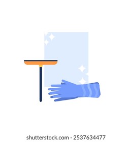 Window cleaning tool and gloves. Glass with shine and stars. Flat cartoon color style. White background. Vector illustration for housework.