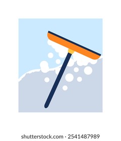 Window cleaning tool and gloves. Glass with shine and stars. Flat cartoon color style. White background. Vector illustration for housework.