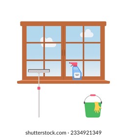 Window cleaning tools on white background. Cartoon flat style. Vector illustration