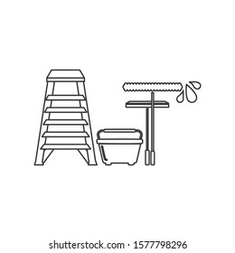 Window cleaning or washing tools icon including ladder, bucket, squeegee and applicator in vector line drawing