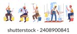 Window cleaning workers at work at height set vector illustration. Cartoon isolated front, side and back views of industrial climbers and alpinists with security belts and helmets washing glass