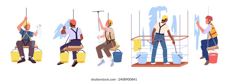 Window cleaning workers at work at height set vector illustration. Cartoon isolated front, side and back views of industrial climbers and alpinists with security belts and helmets washing glass