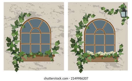 Fenster mit Kletterpflanze, Blumenschachtel, Laterne an einer Wand. Vektorgrafik