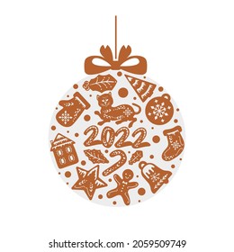 Window Clings Decal Wall Stickers. Christmas Bauble Decal With Seasonal Symbols, Cookies, Bauble, Glove, Sock, Bell, Star, Ginger House, Tiger, 2022, Ginger Man, Candy. Vector Window Decal Template.