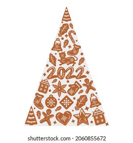Window Clings Decal Wall Stickers. Christmas tree decal with seasonal symbols, cookies, bauble, glove, sock, bell, star, ginger house, tiger, 2022, ginger man, candy. Vector window decal template.