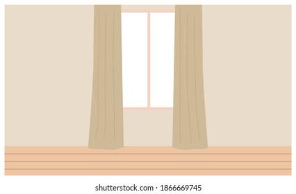 The window closed with beige curtains flat vector illustration. Interior element isolated on light wall. Curtains hang next to a framed glass window. Interior design of a room in an apartment