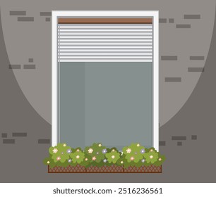 Window with closed blinds and flower box