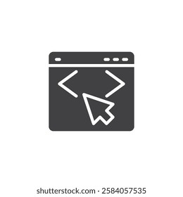 A window with code and a cursor vector icon. filled flat sign for mobile concept and web design. Code Editor glyph icon. Writing and editing code symbol, logo illustration. Vector graphics