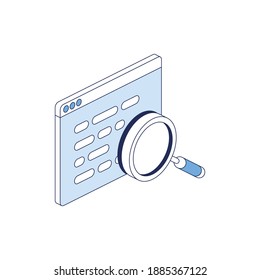 Window code magnifier search. Vector 3d line isometric, color web icons, new flat style. Creative illustration, idea for infographics.