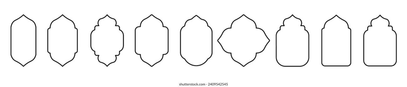 Window Collection of oriental Islamic style arches. Modern boho style design, illustration, flat, simple, vector