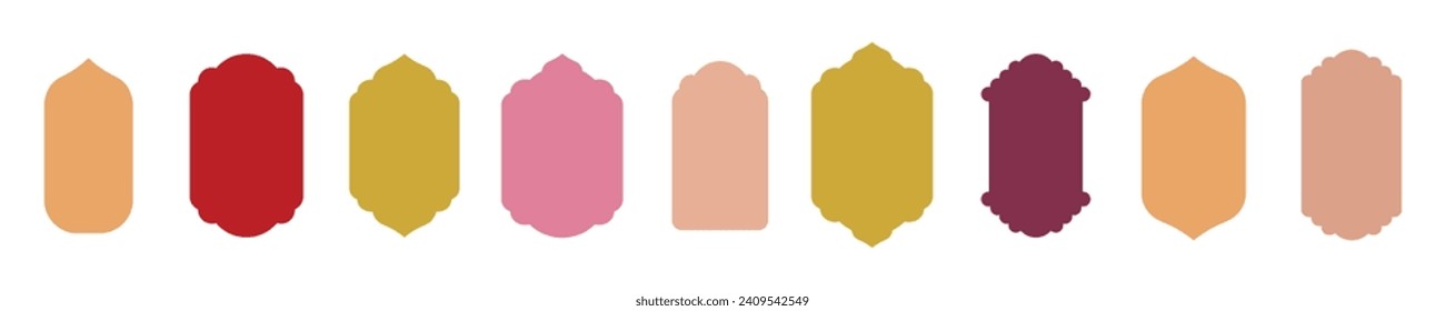 Colección de ventanas de arcos de estilo islámico oriental. Diseño de estilo boho moderno, ilustración, plano, simple, vector