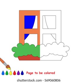 The window, the coloring book to educate preschool kids with easy gaming level, the kid educational game to color the colorless half by sample.
