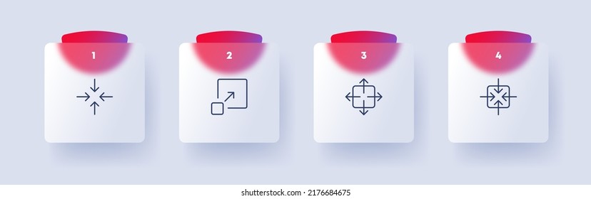 Window control buttons set icon. Arrow, zoom in, zoom out, scale, enlarge, full screen, shrink, monitor, display. Technology concept. Glassmorphism style. Vector line icon for Business and Advertising
