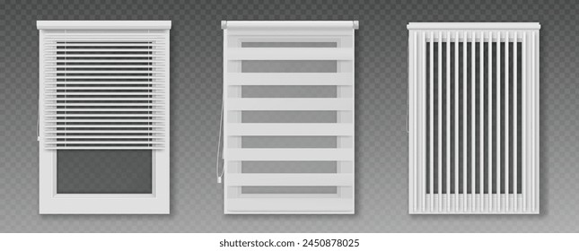 Window cover and shutter door for shop or office. Realistic blind roll jalousie white isolated 3d vector. Roller louver frame set for home interior. Venetian coverings shade with cord illustration