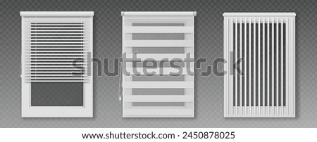 Window cover and shutter door for shop or office. Realistic blind roll jalousie white isolated 3d vector. Roller louver frame set for home interior. Venetian coverings shade with cord illustration