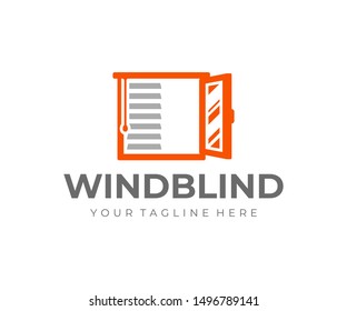 Window covering logo design. Window roller shade vector design. Window frame with horizontal striped roller blinds logotype