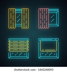 Window coverings and curtains neon light icons set. Panel pair, tracks, pleated blinds, roller shades. Room decoration. Interior design, home decor shop. Glowing signs. Vector isolated illustrations