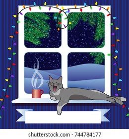 Window with cozy cat and hot drink, winter forest and christmas tree outside view. Frame for felicitation below. Suitable for Christmas and New Year card. Vector illustration.