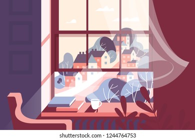 Window with cup of hot drink and books on windowsill against background of city. Concept homely atmosphere, autumn season. Low poly. Isometric 3d vector illustration.