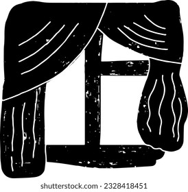 Window with a curtain. Black vector grunge hand drawn linocut style element. Element for design